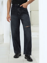 Urbano Fashion Men Pure Cotton Loose Relaxed Fit Slash Knee Heavy Fade Jeans