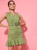 STREET 9 Women Green Solid Sheath Mini Dress