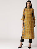 Libas Women Mustard Yellow & Blue Checked Cold-Shoulder Straight Kurta