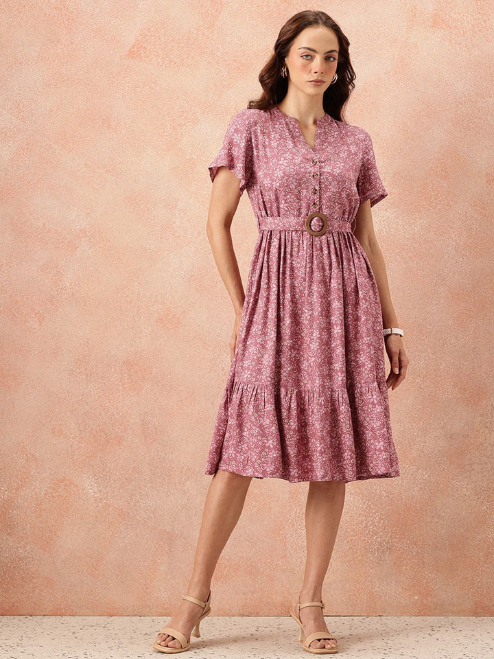 all about you Floral Print Flutter Sleeves A-Line Midi Dress with Belt