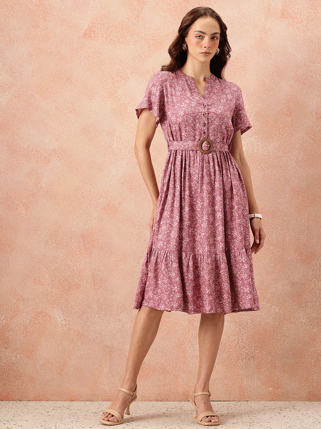 all about you Floral Print Flutter Sleeves A-Line Midi Dress with Belt