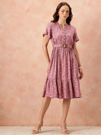 all about you Floral Print Flutter Sleeves A-Line Midi Dress with Belt