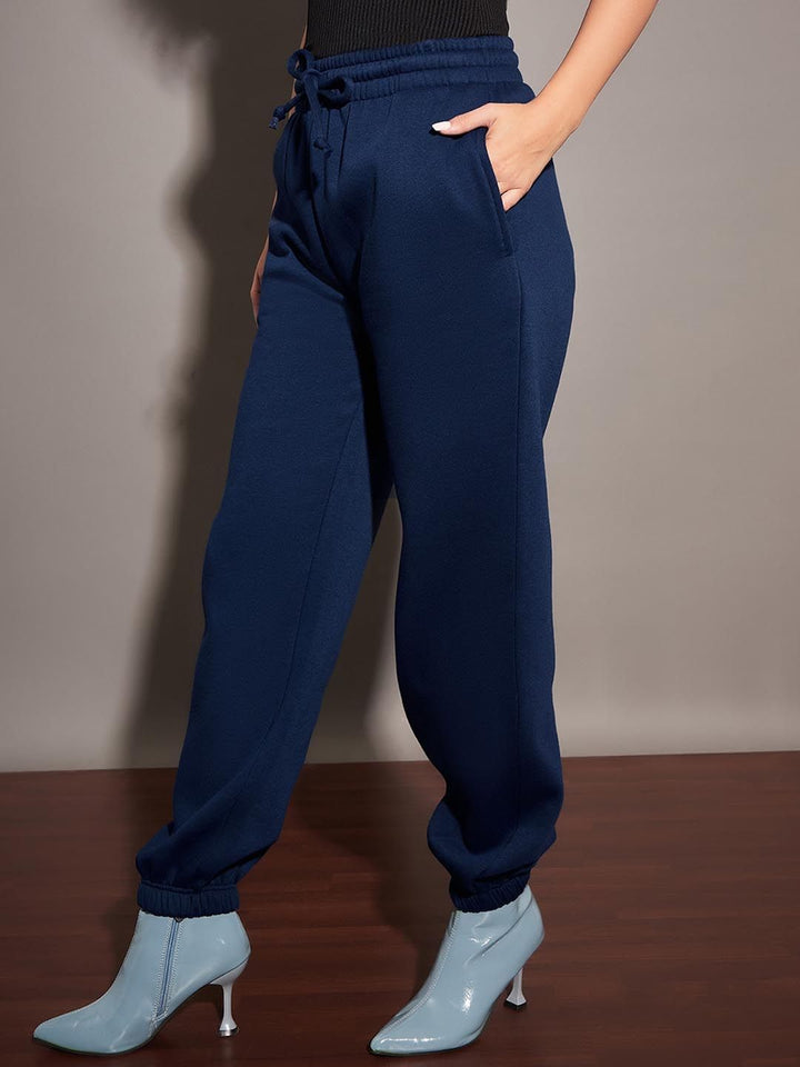 SASSAFRAS Women Navy Blue Relaxed Fit Mid-Rise Fleece Joggers