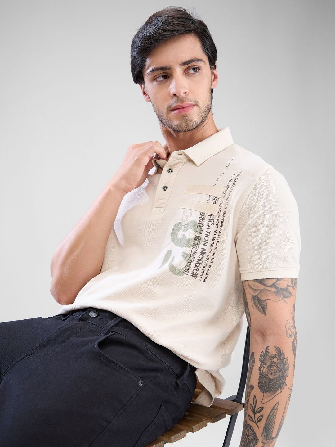 SPYKAR Men Typography Printed Polo Collar Slim Fit Pure Cotton T-shirt