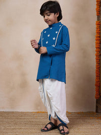 pspeaches Boys Mandarin Collar Floral Yoke Design Regular Thread Work Kurta with Dhoti Pants