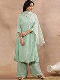 W Floral Printed Thread Work Keyhole Neck Kurta With Trousers & Dupatta