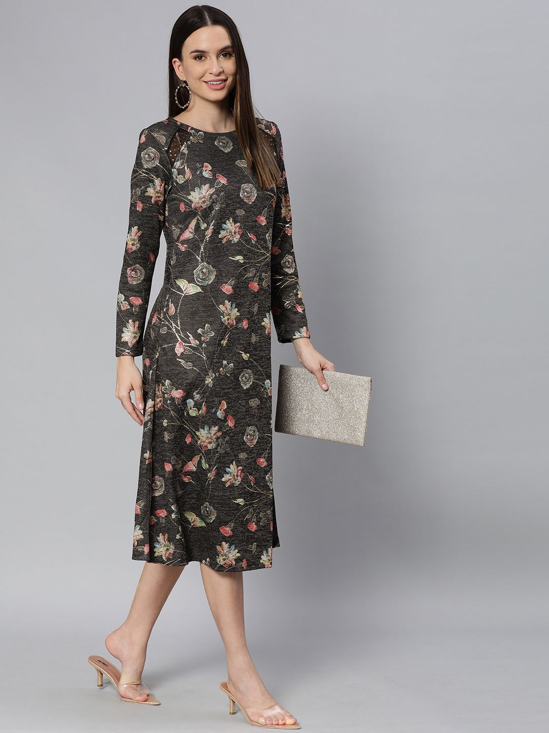 Global Desi Women Charcoal Grey Floral Printed Midi A-Line Dress