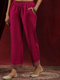 Libas Pink Floral Yoke Design Mandarin Collar Dobby Weave Kurta with Trousers & Dupatta