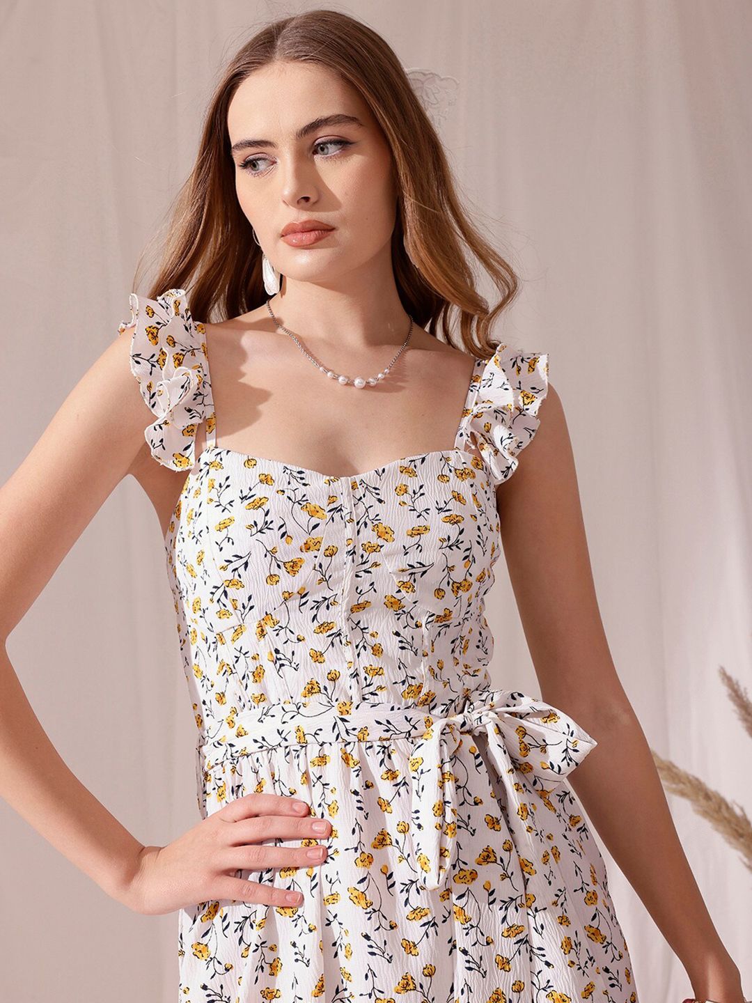 STREET 9 Floral Printed Flutter Sleeves Crepe Fit & Flare Midi Dress