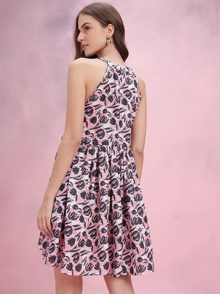 DressBerry Floral Print Halter Neck Fit & Flare Dress