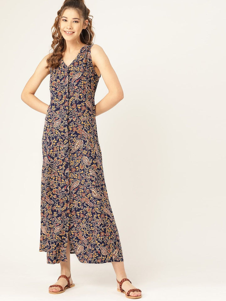 DressBerry Navy Blue & Mustard Yellow Floral Printed Maxi Dress