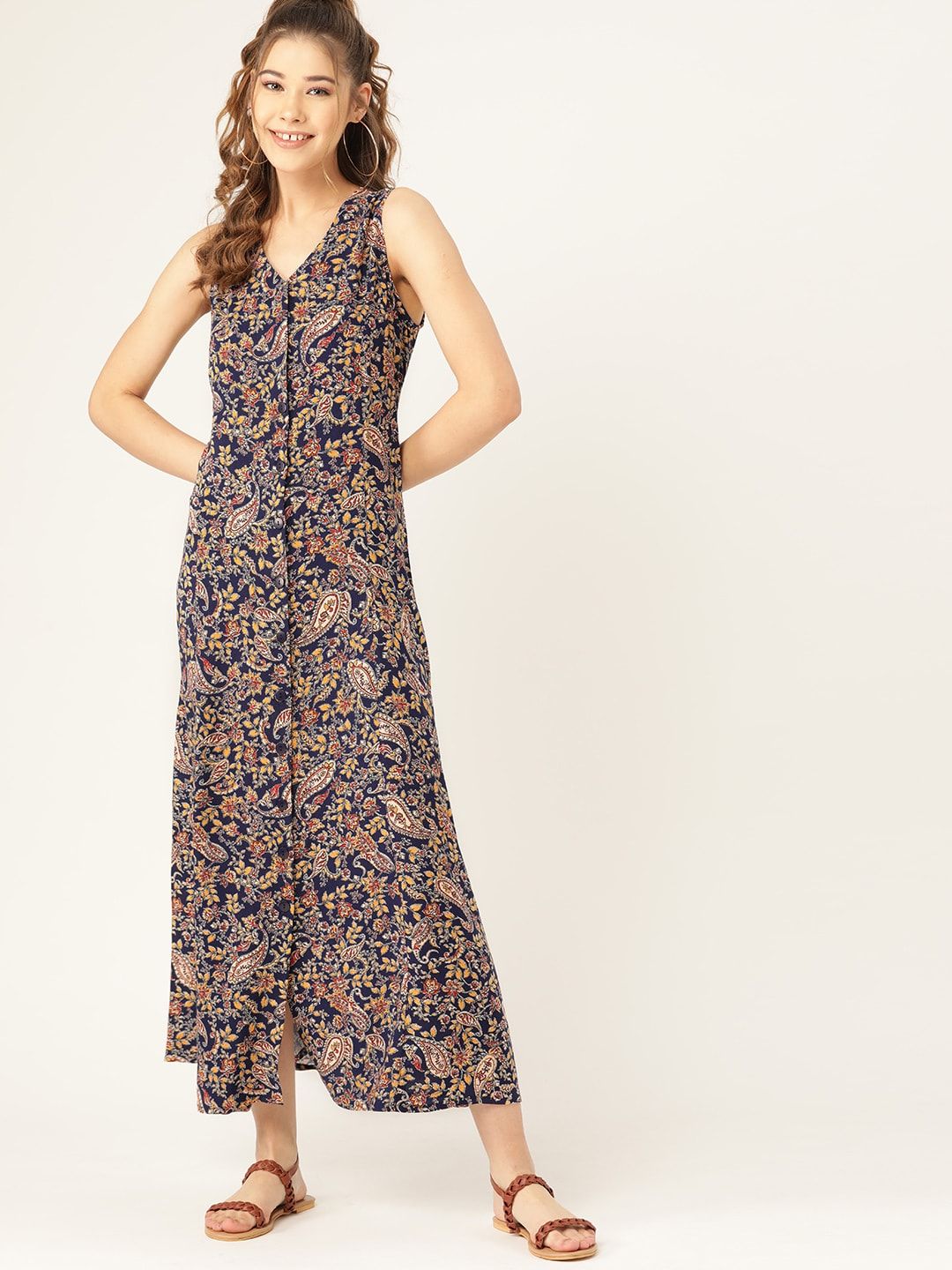 DressBerry Navy Blue & Mustard Yellow Floral Printed Maxi Dress