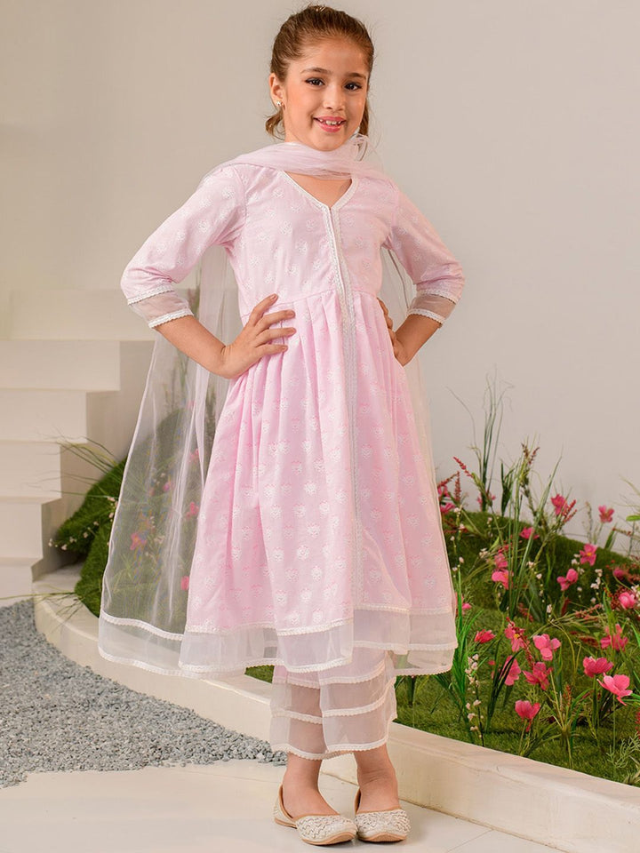 pspeaches Girls Pink Ethnic Motifs Printed Regular Pure Cotton Kurta with Palazzos & With Dupatta