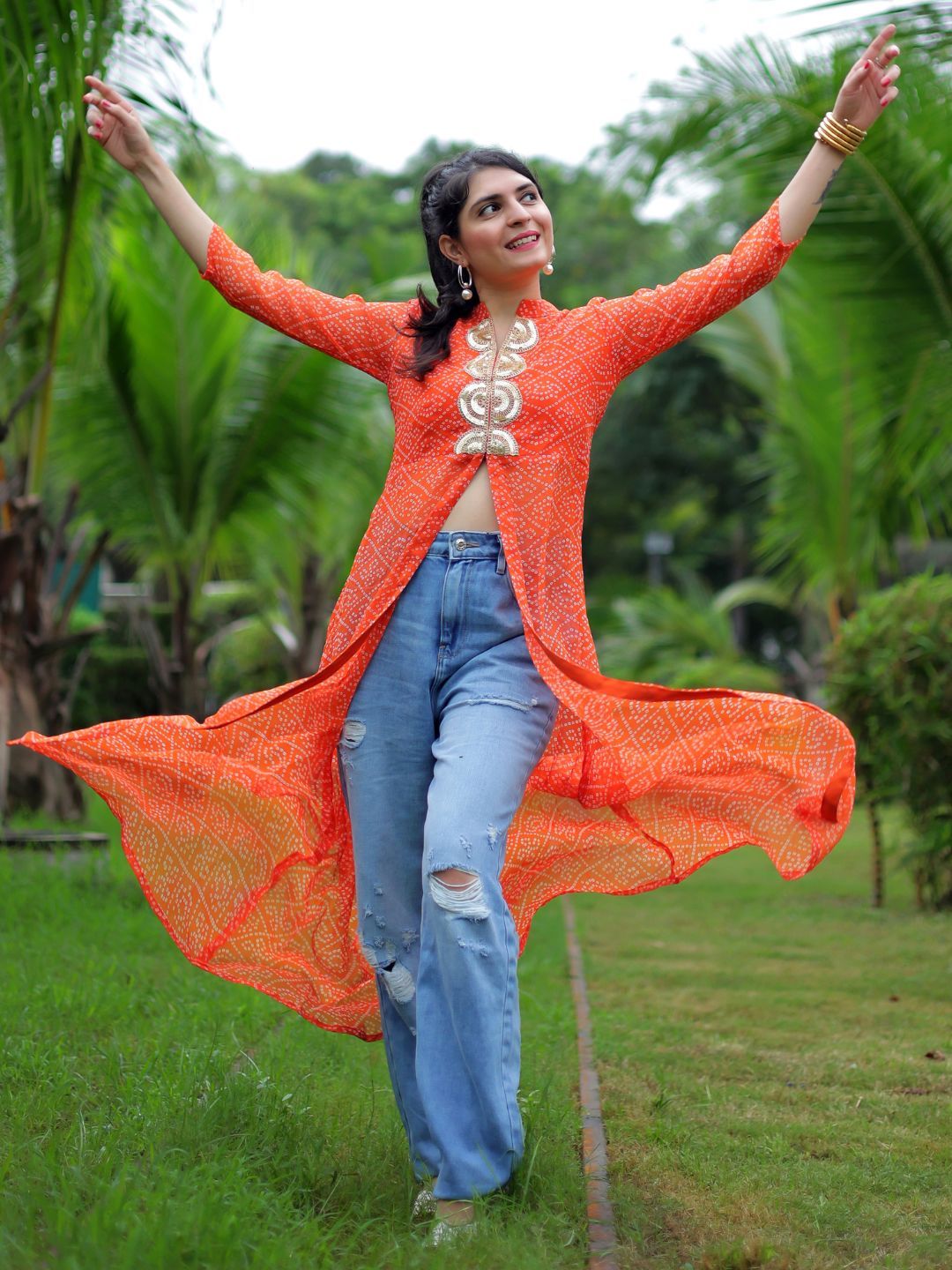 KALINI Georgette Mandarin Collar Bandhani Printed Embroidery A Line Kurta