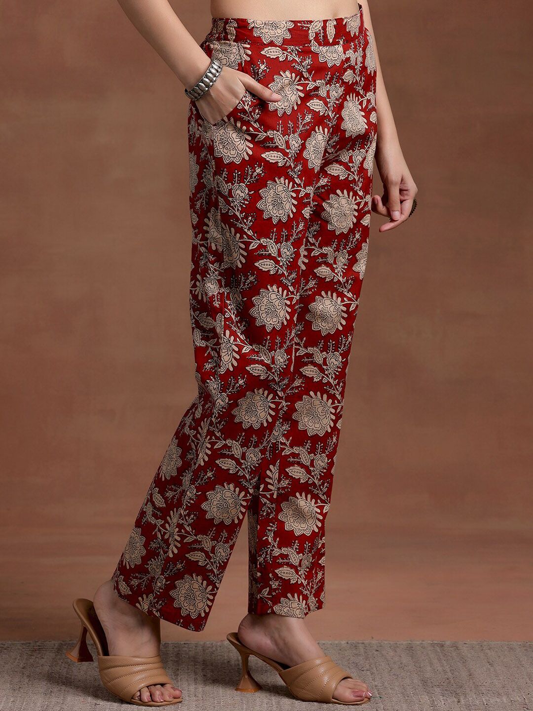 Libas V Neck Floral Printed Empire Pure Cotton A Line Kurta with Palazzo