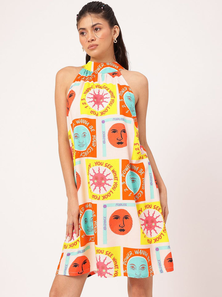 DressBerry Giggle & Glam Quirky Conversational Printed Halter Neck Tie Up Dress