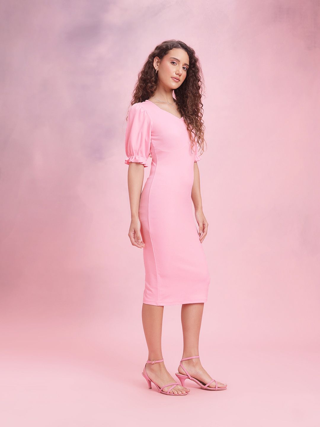DressBerry Puff Sleeves Sheath Midi Dress
