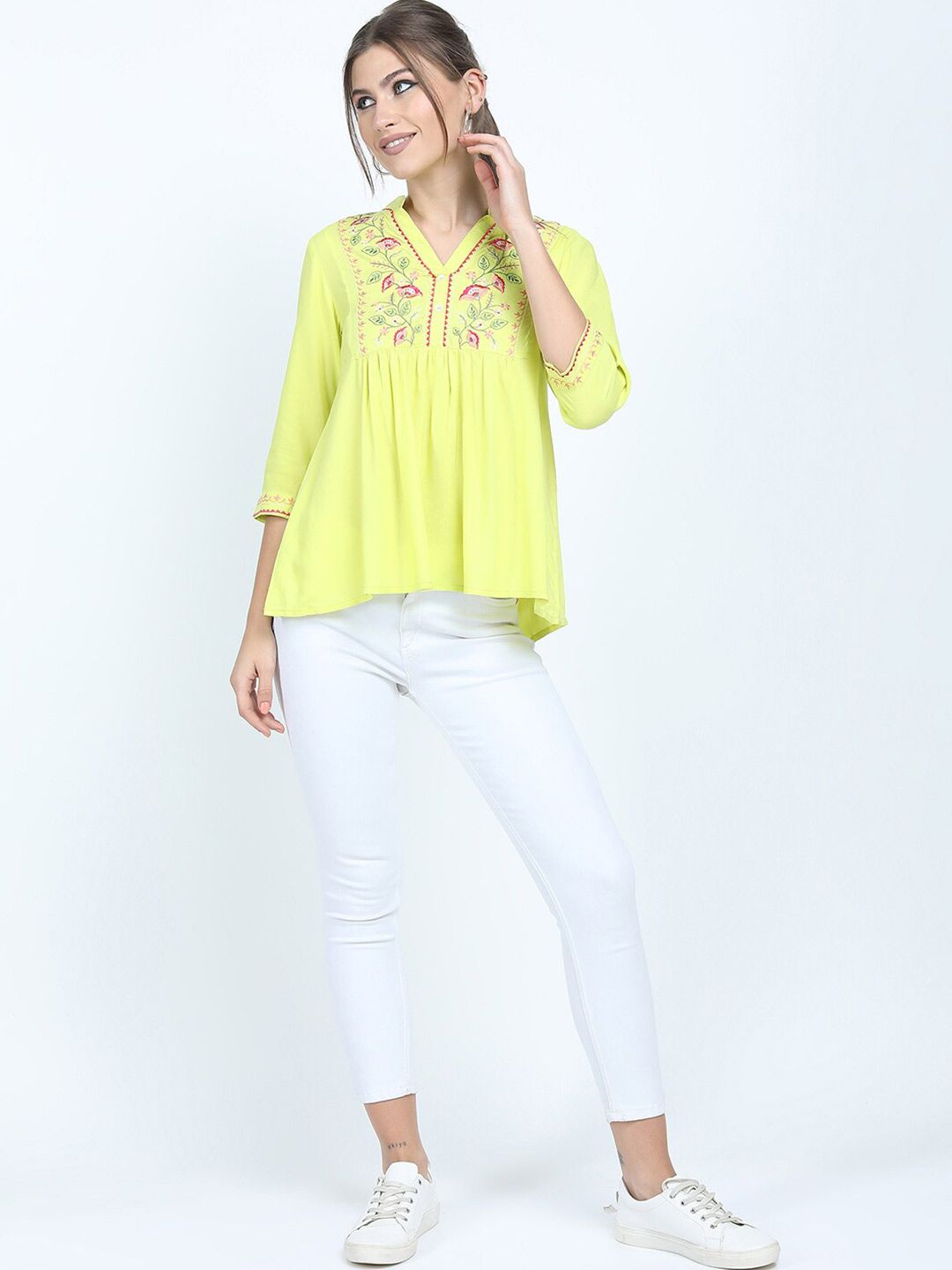 Vishudh Yellow Floral Embroidered Mandarin Collar Top