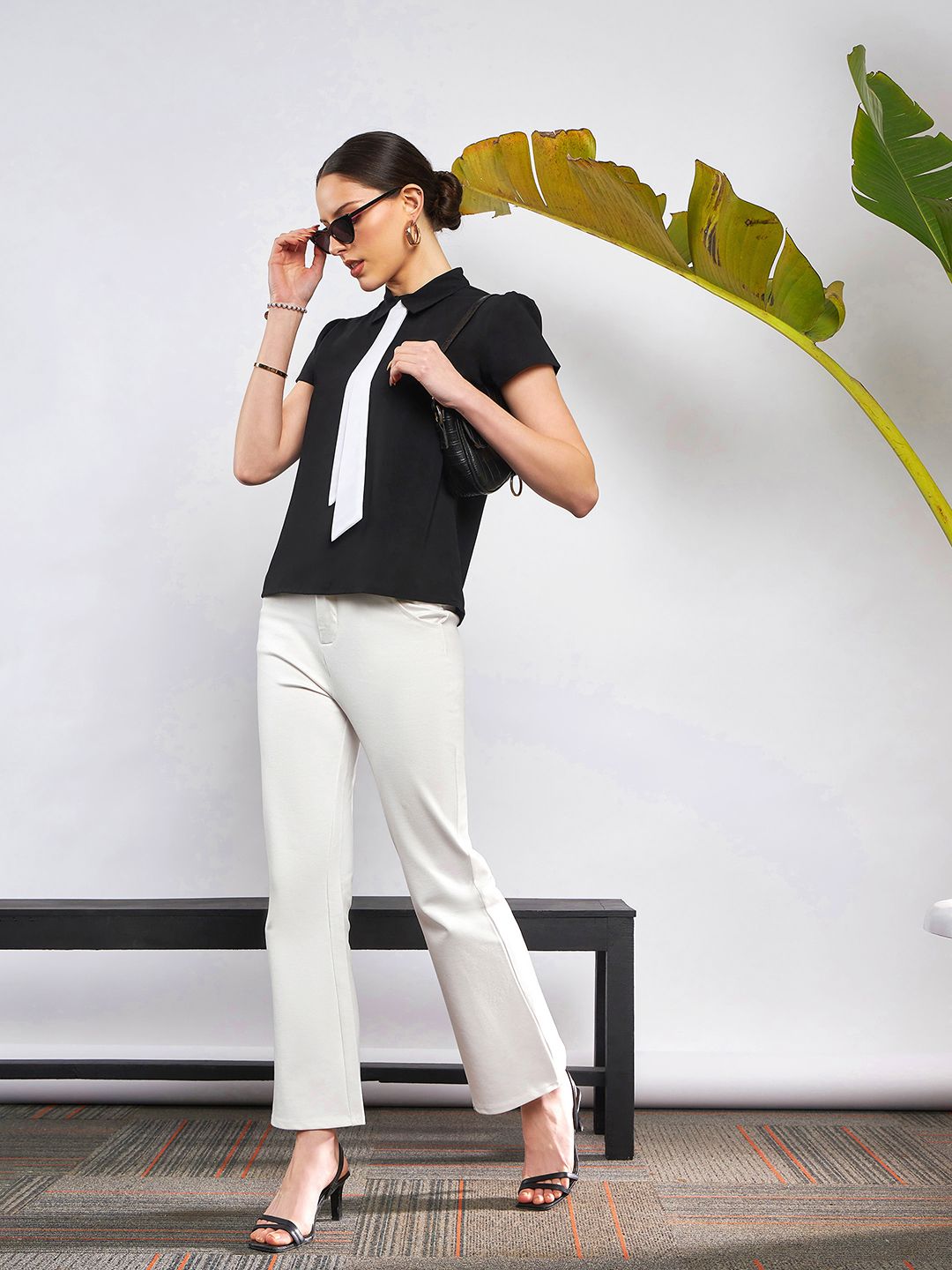 SASSAFRAS Black Shirt Collar Tie Detailed Georgette Top