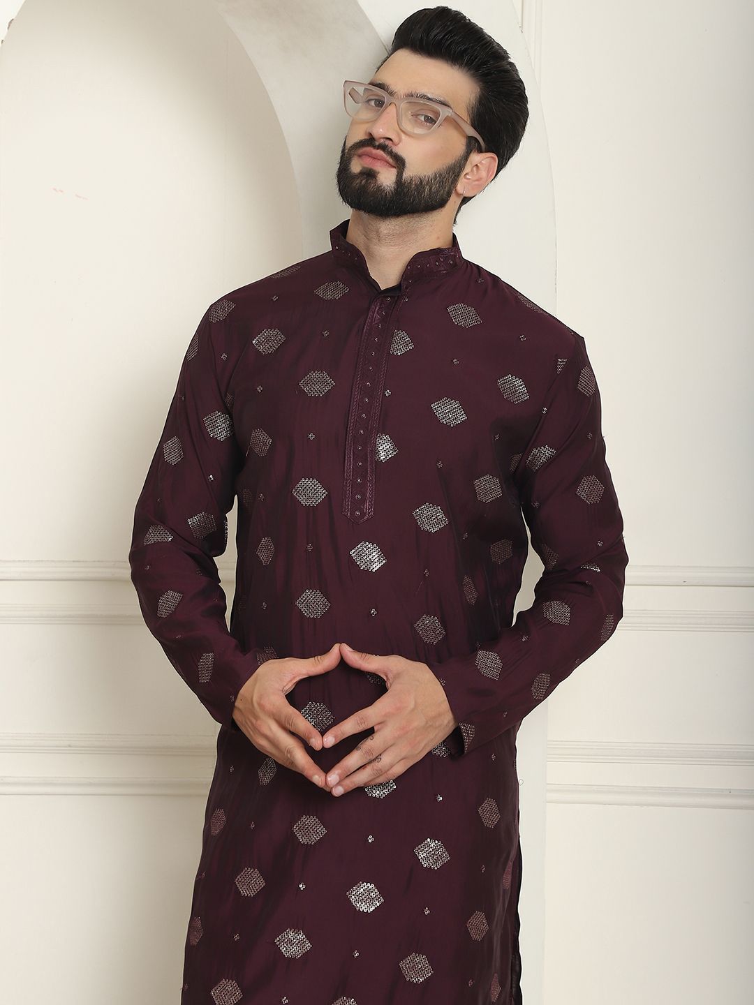 SOJANYA Dihiasi Geometrik Kolar Mandarin Kolar Kapas Sutera Lurus Kurta