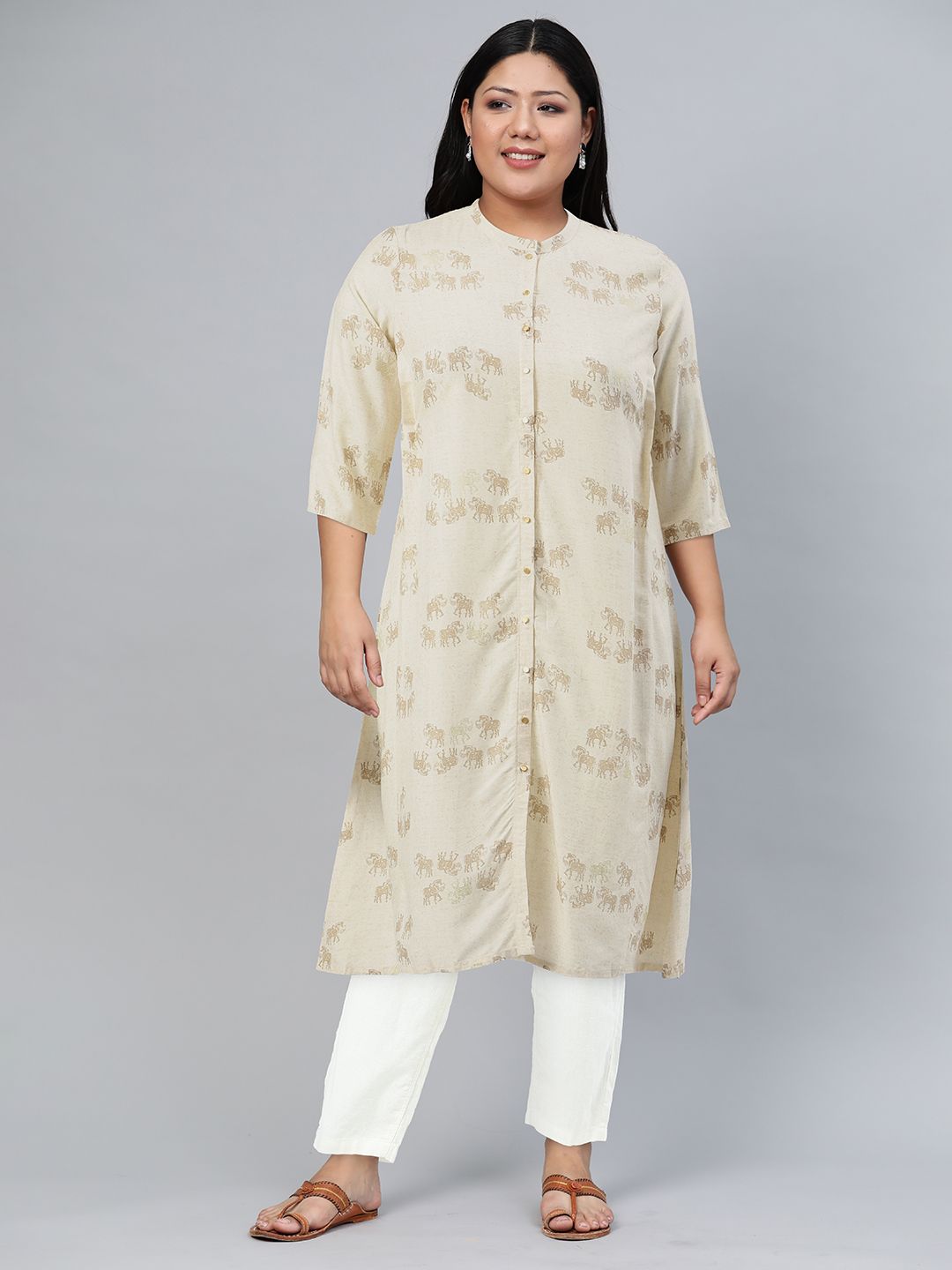 W Women Beige Ethnic Motifs Printed Kurta