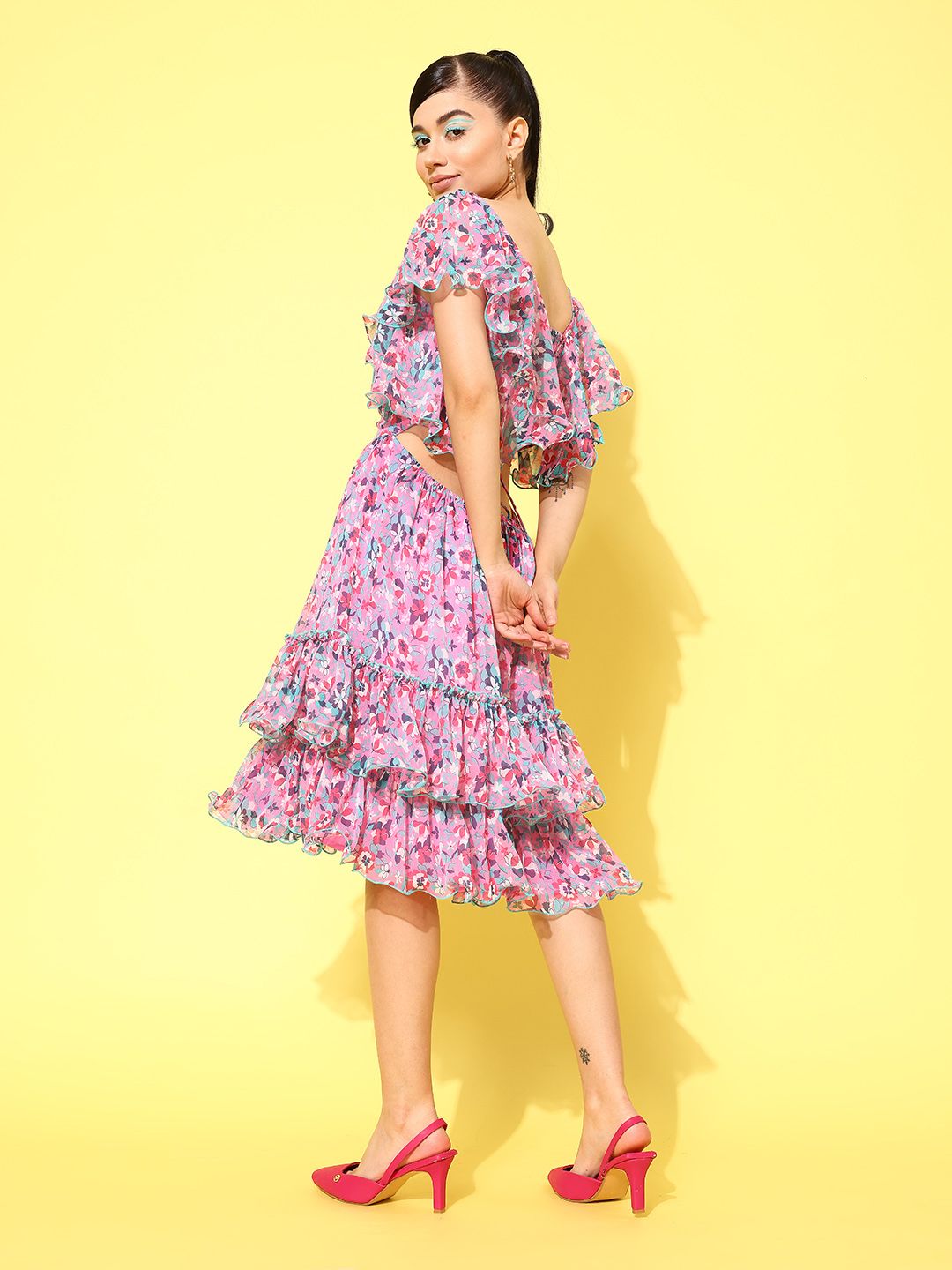 Antheaa Floral Print Flared Sleeve Chiffon A-Line Dress