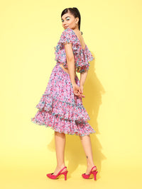 Antheaa Floral Print Flared Sleeve Chiffon A-Line Dress