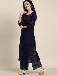 Vishudh Women Navy Blue Striped Kurta with Palazzo