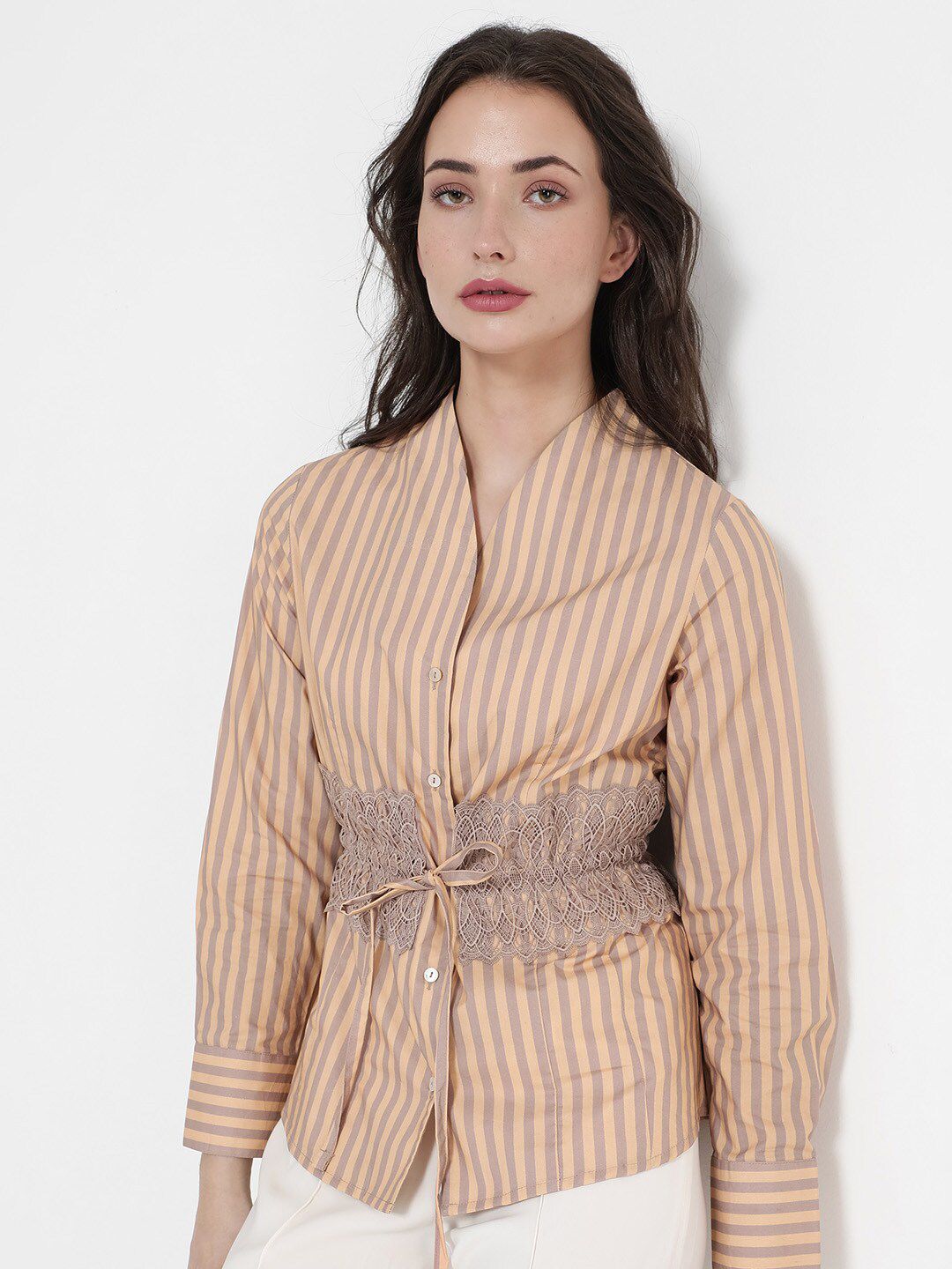 RAREISM Striped Dooze Regular Fit Waist Tie-Up Cuffed Sleeves Cotton Shirt Style Top