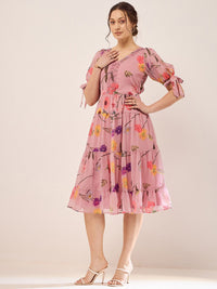 Antheaa Floral Printed V-Neck Puff Sleeves Beads Detail Chiffon Fit & Flare Dress
