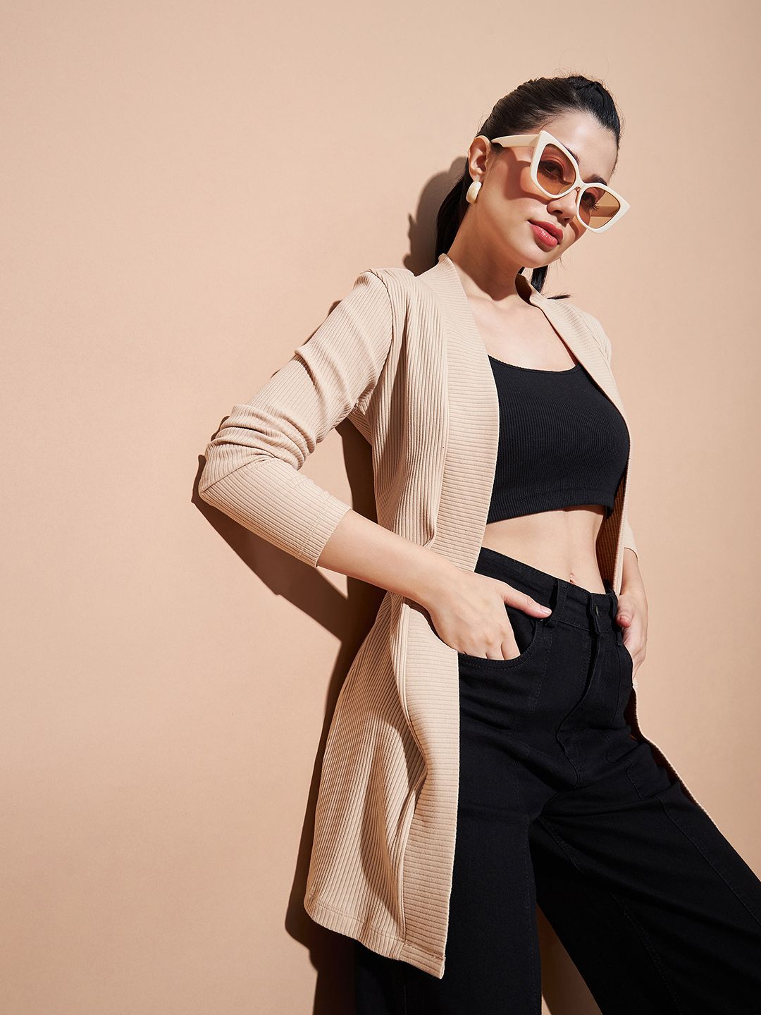 SASSAFRAS BASICS Women Ribbed Open Front Longline Shrug