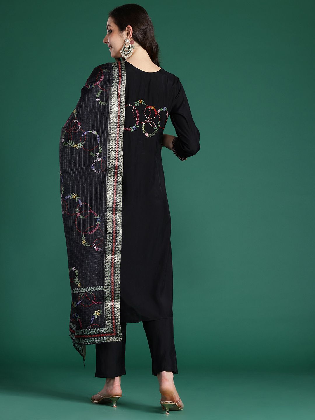 Indo Era Floral Embroidered Thread Work Kurta with Trousers & With Dupatta