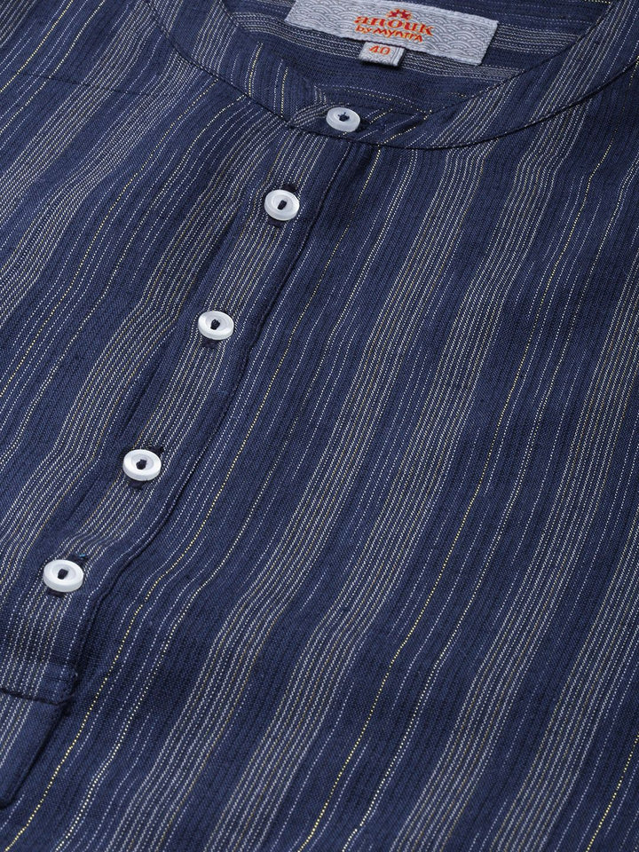Anouk Men Navy Blue & Gold-Toned Striped Mandarin-Collar Indigo Kurta