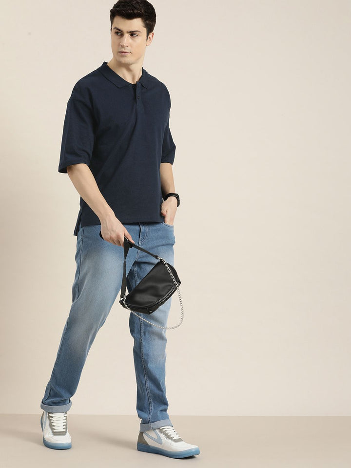 DILLINGER Men Solid Honeycomb Structure Oversized Cotton Polo T-Shirt