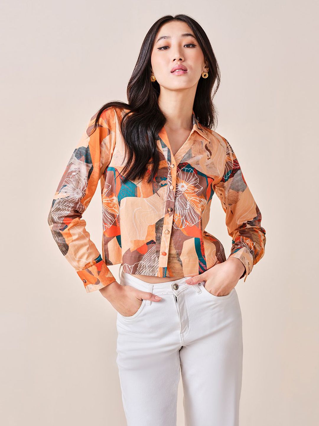 AND Abstract Printed Cuffed Sleeves Pure Cotton Shirt Style Top