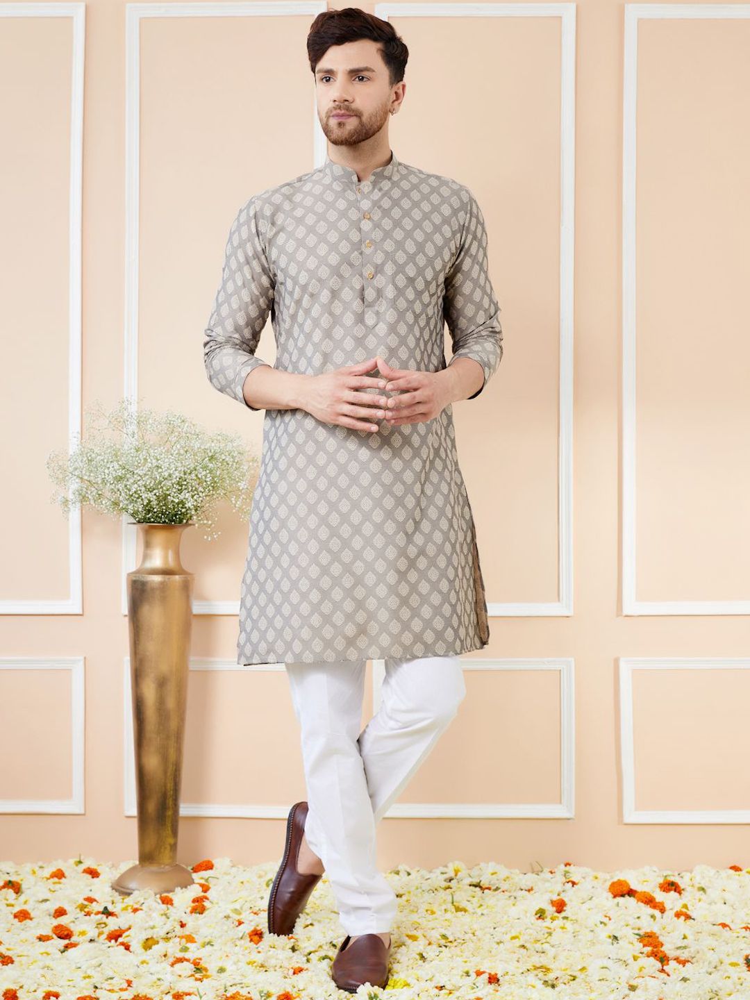 See Designs Ethnic Motifs Woven Design Mandarin Collar Straight Kurta With Pyjamas