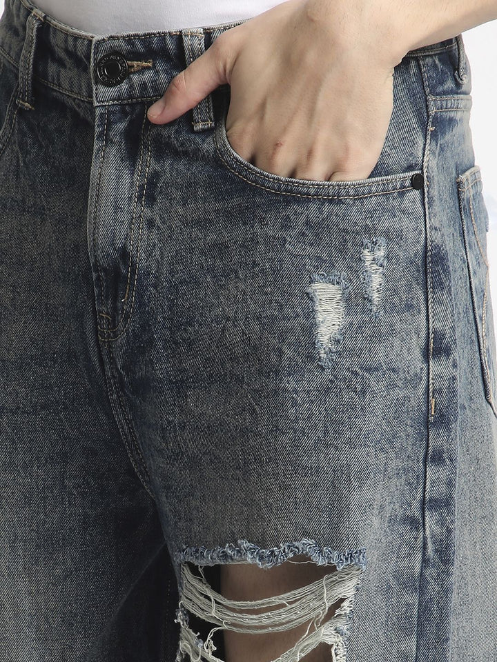 Bene Kleed Men Classic Baggy Fit Highly Distressed Heavy Fade Ripped Jeans