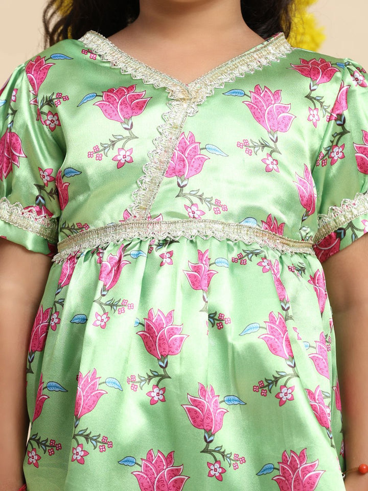 Cutiekins Girls Floral Printed V-Neck Gotta Patti Empire Anarkali Kurti with Dhoti Pants