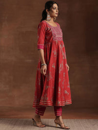 Libas Floral Printed Pleated Mirror Work Anarkali Kurta with Trousers & Dupatta