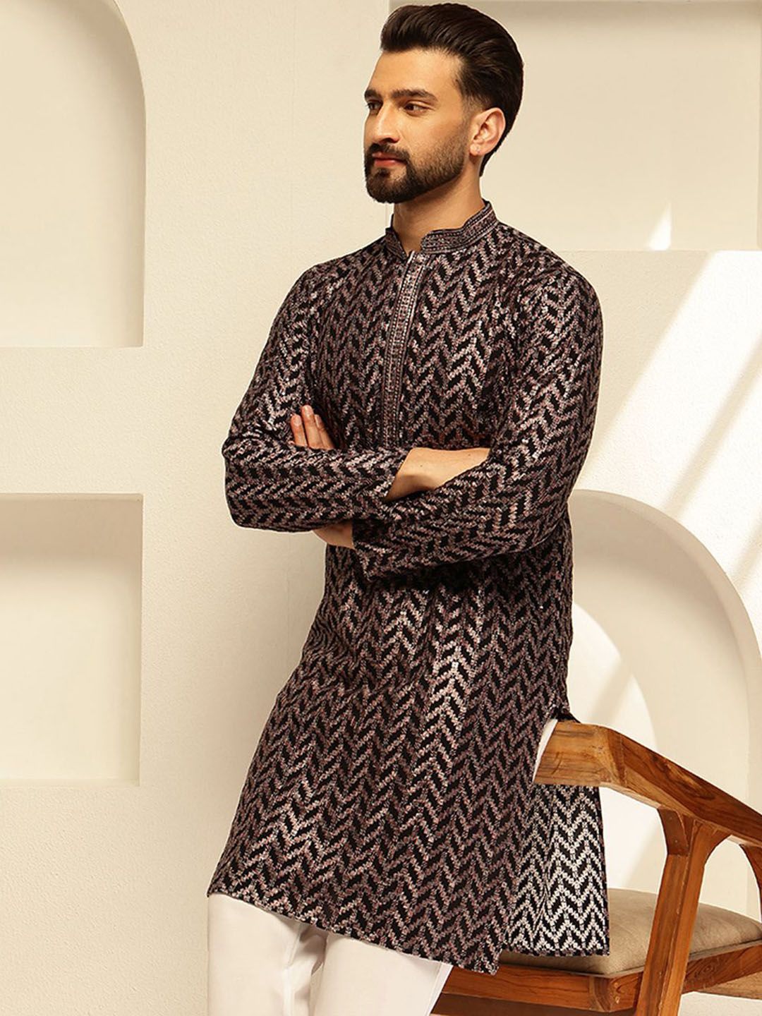 SOJANYA Geometric Embroidered Mandarin Collar Sequinned Cotton Straight Kurta