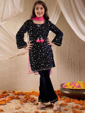 pspeaches Girls Floral Embroidered Sequinned Velvet Kurta with Sharara & Dupatta