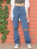 DressBerry Women Urban Utopia Pure Cotton Straight Fit Slash Knee Jeans