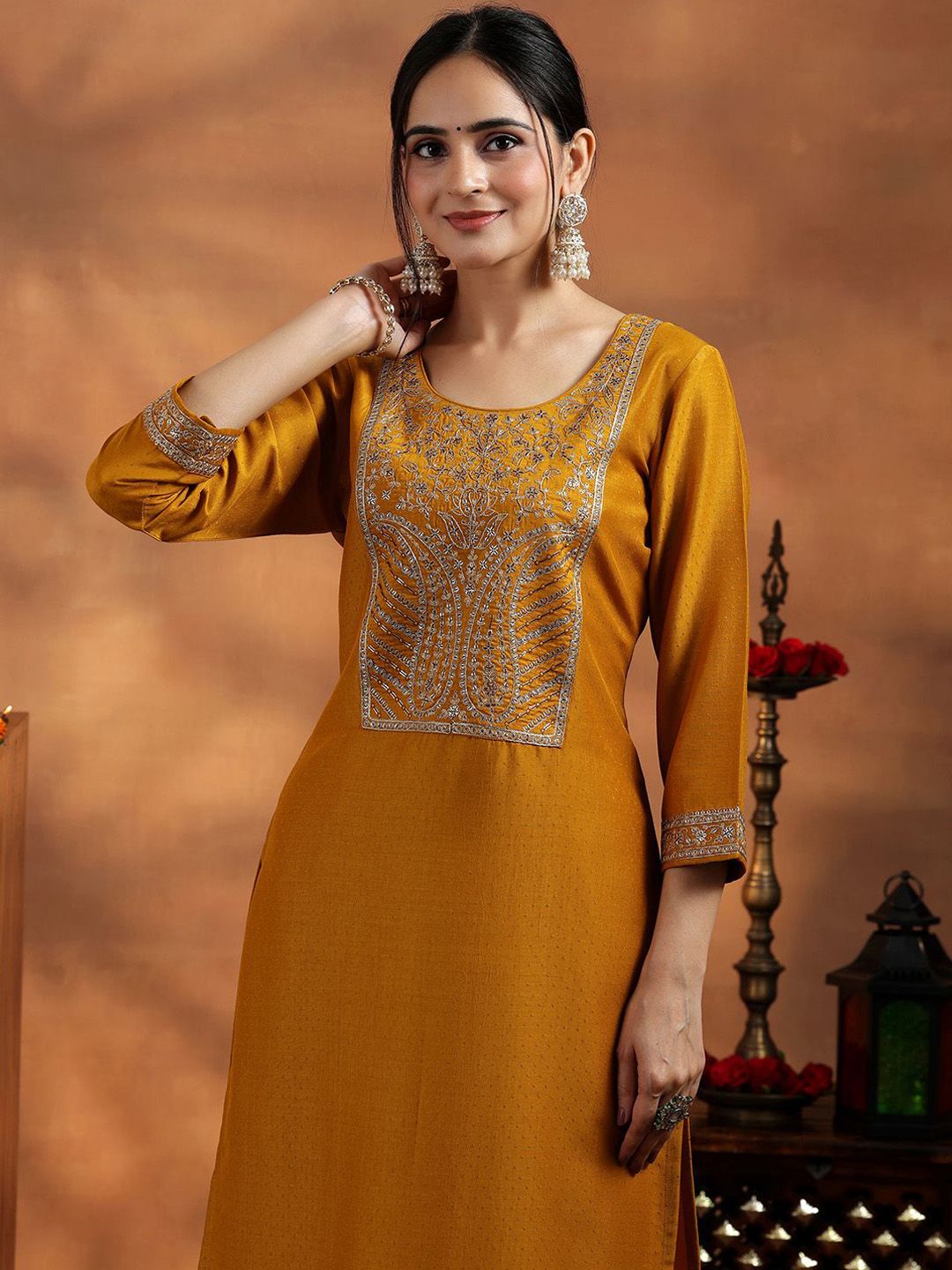 Libas Paisley Yoke Design Thread Work Straight Kurta with Trousers & With Dupatta