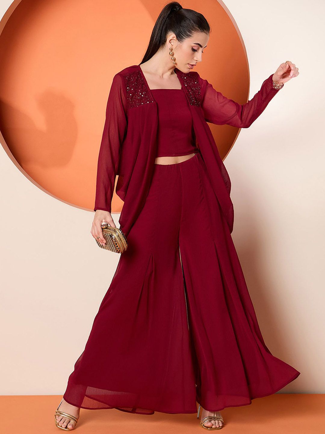 Antheaa Embellished Crop Top & Palazzo With Shrug