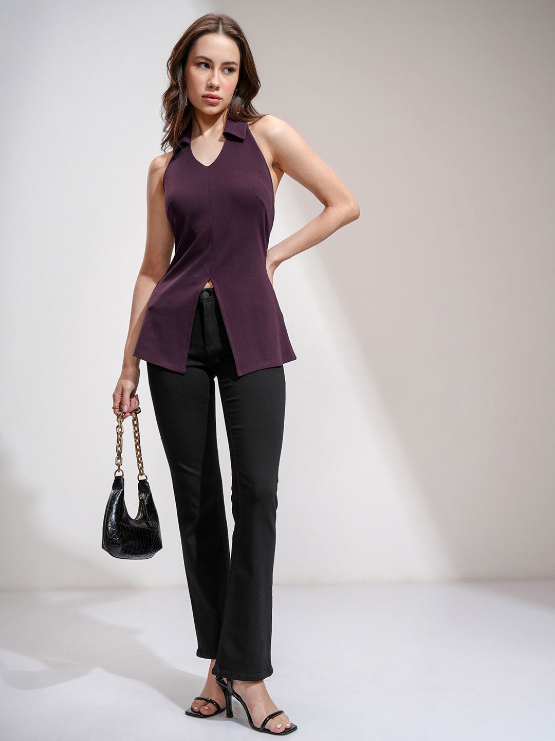 ESPYR By Tokyo Talkies Women Solid Halter Neck Sleeveless Top