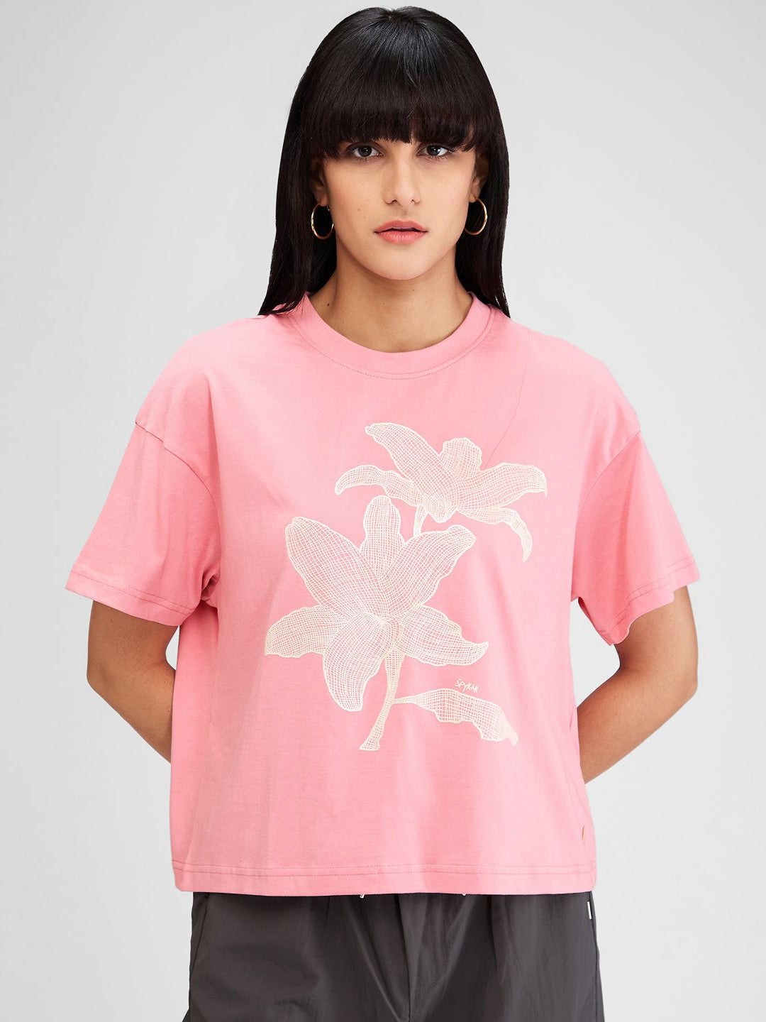 SPYKAR Women Floral Raw Edge Pure Cotton T-shirt
