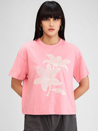 SPYKAR Women Floral Raw Edge Pure Cotton T-shirt