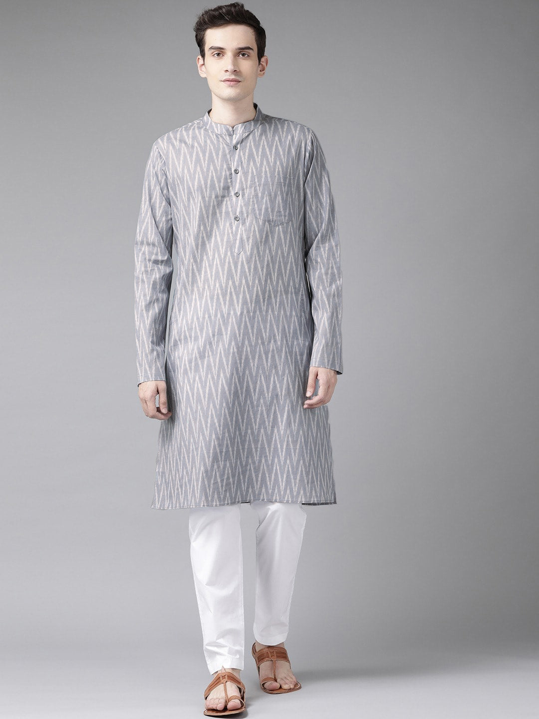 See Designs Men Grey Striped Kurta