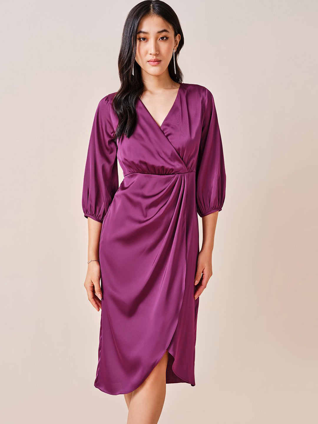 AND Women Solid V-Neck Puff Sleeve Wrap Midi Dress