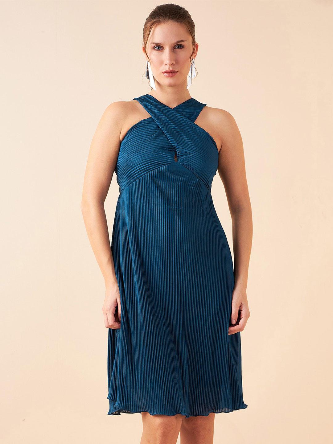 Antheaa Teal Self Design Sleeveless Chiffon Pleated A-Line Dress